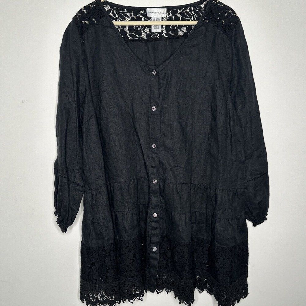 Soft Surroundings Large Black Tunic Tiered Embroidered Lace Button Front